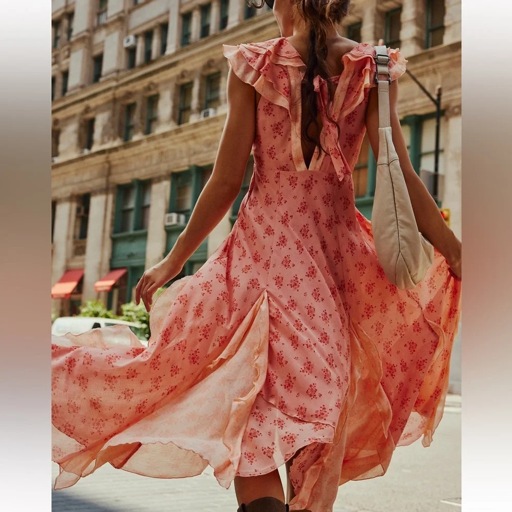 Free People Joaquin Floral Asymmetrical Hem Midi Dress in Peach Combo - Picture 2 of 14